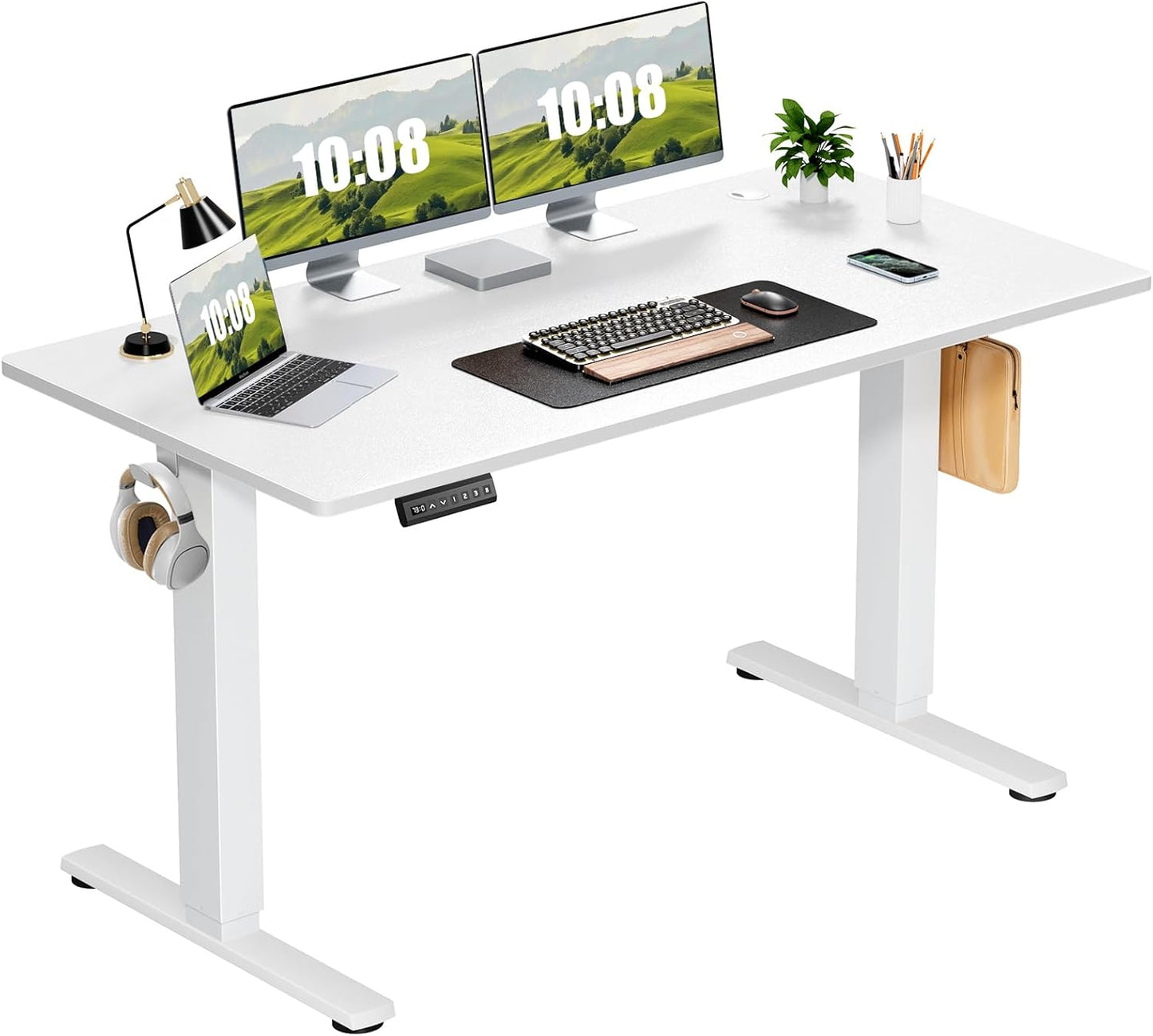 Electric Adjustable Height Standing Desk - 40 x 24 inch Sit to Stand Up Desk with Splice Board, Rising Home Office Computer Table with 2 Hook and Wire Hole for Work