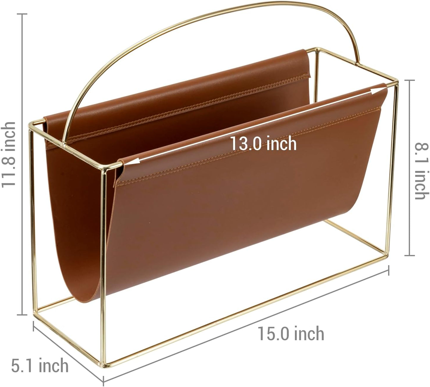 15 Inch Mid Century Modern Magazine Holder with Brass Tone Metal Frame and Caramel Brown Leatherette Sling, Freestanding Storage Organizer Newspaper Rack