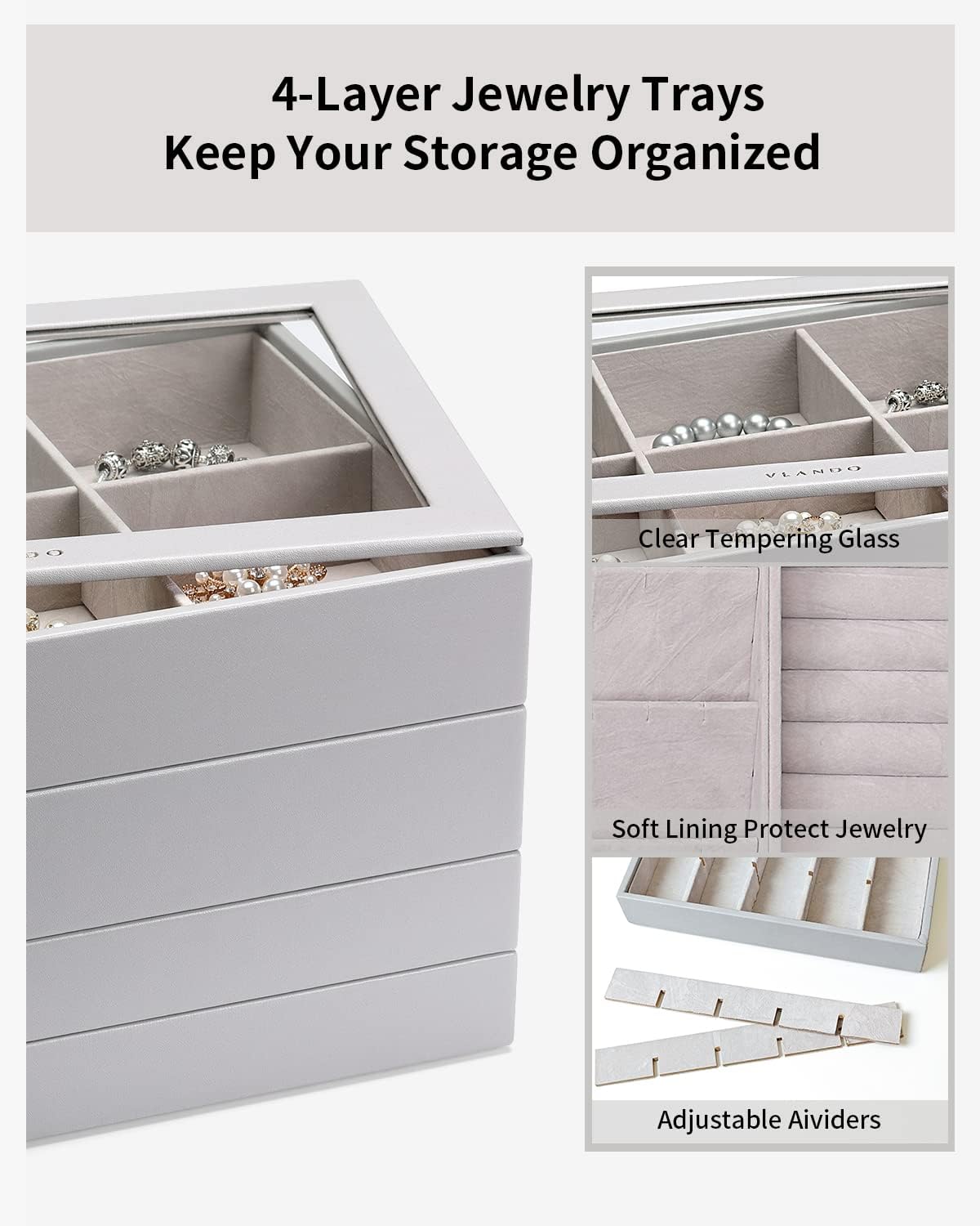 Jewelry Trays Stackable Showcase Display Drawer Organizer Storage Toughened Glass Lid Multi-Purpose Multiple Combinations Large Capacity Multi-Layer Design and Fashion-Grey