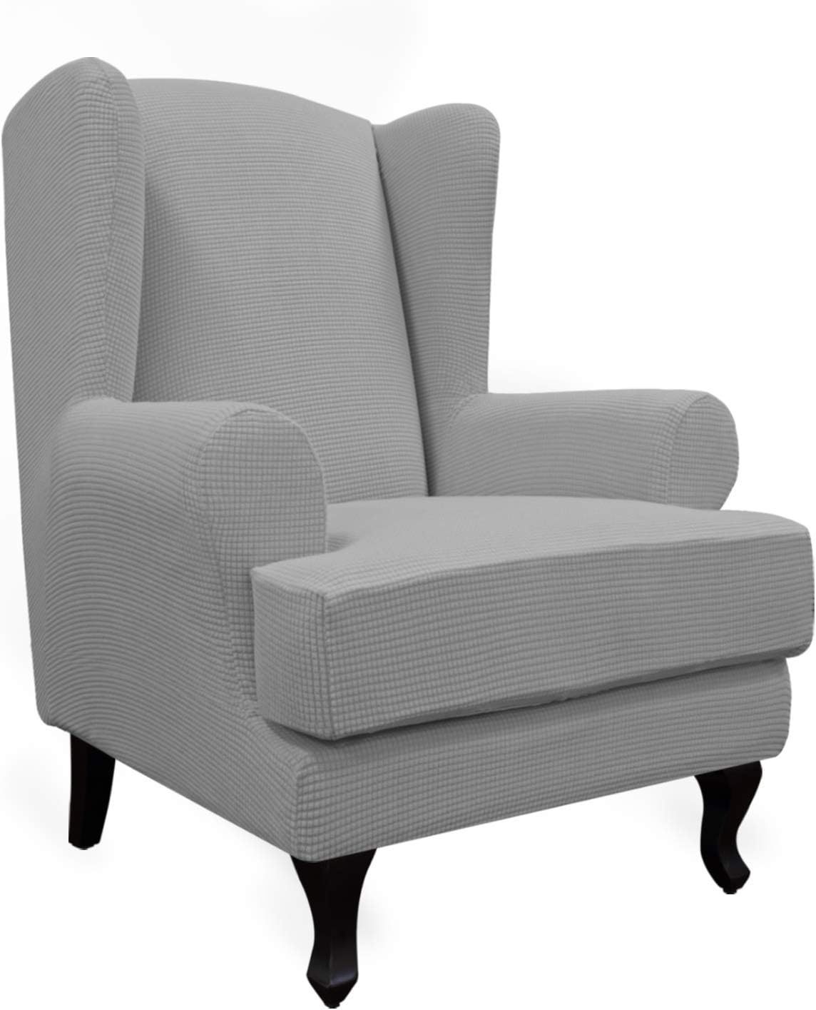 Stretch Wingback Chair Sofa Slipcover 2-Piece Sofa Cover Furniture Protector Couch Soft with Elastic Bottom, Spandex Jacquard Fabric Small Checks, Light Gray