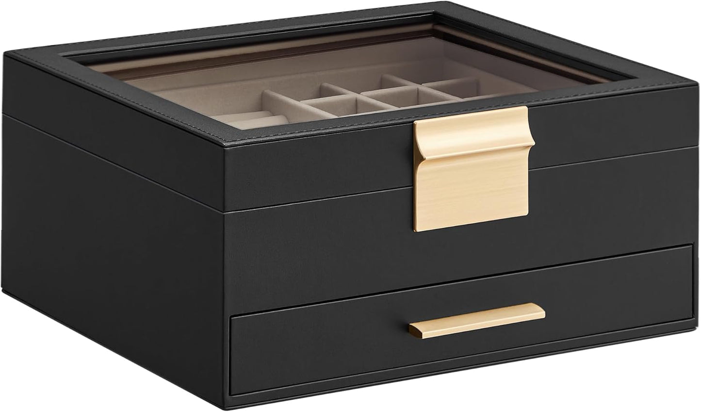 Jewelry Box with Glass Lid, 4-Layer Jewelry Organizer, 3 Drawers, for Big and Small Jewelry, Jewelry Storage, Modern Style, 8 x 9.1 x 6.5 Inches, Avocado Green and Gold Color UJBC173C02