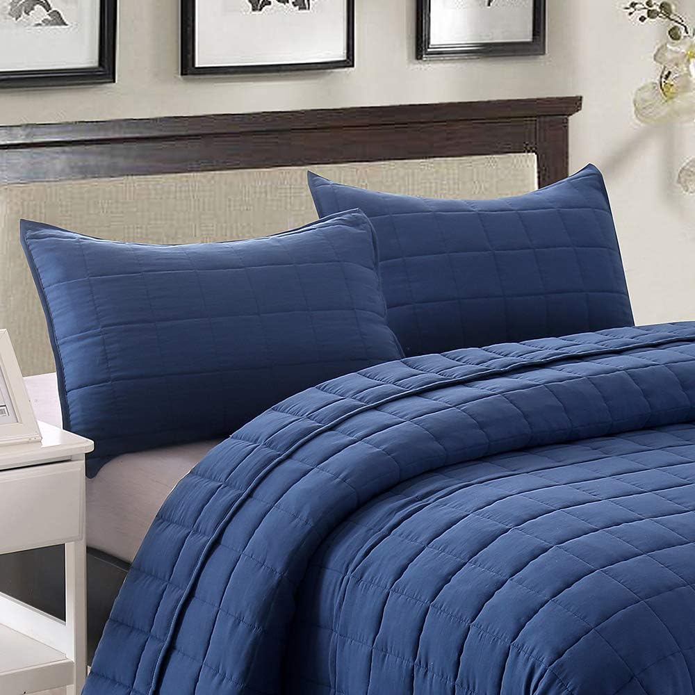 Twin Size Bedding Sets Navy Blue Bedspread Soft Pre-Washed Quilt Winter Bed Sets, 2 Piece, Cozy Reversible Microfiber Bed Coverlet with Pillow Sham (Square Pattern,66"x90")