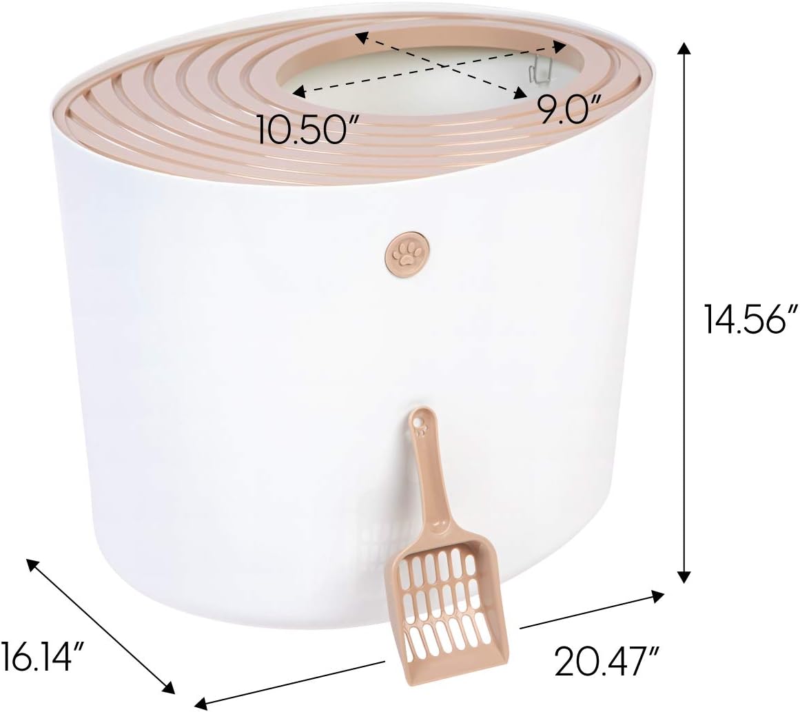 Cat Litter Box, Top Entry Litter Box with Scoop, Stylish Round Cat Litter Box Enclosure, Kitty Litter Box, White/Beige