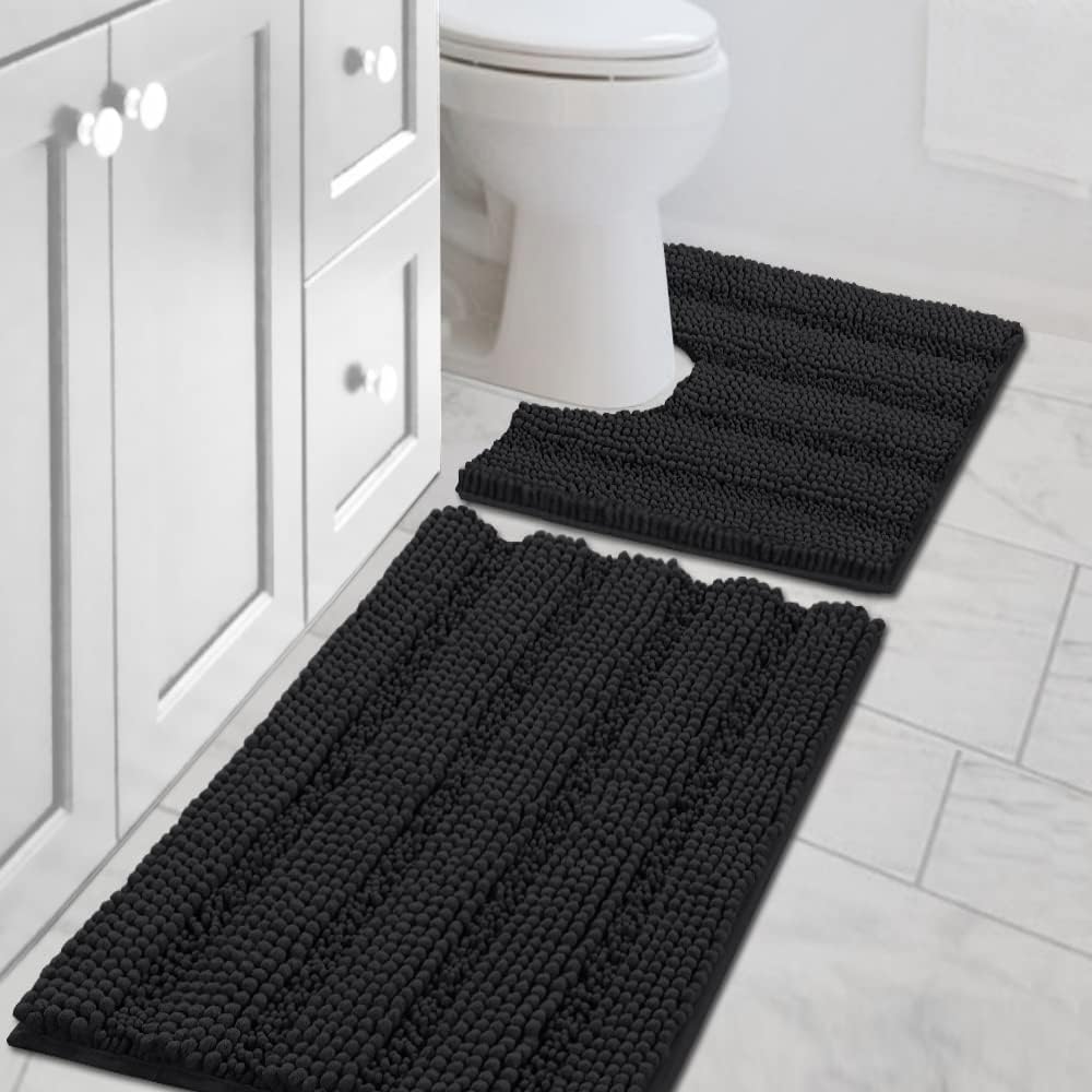 Black Bathroom Rug Set Extra Thick Striped Bath Mats for Bathroom Floor 2 Piece, Anti-Slip Bath Mat Set Soft Plush Chenille Shower Rugs for Bathroom Waterproof (20" x 32"/17" x 24")