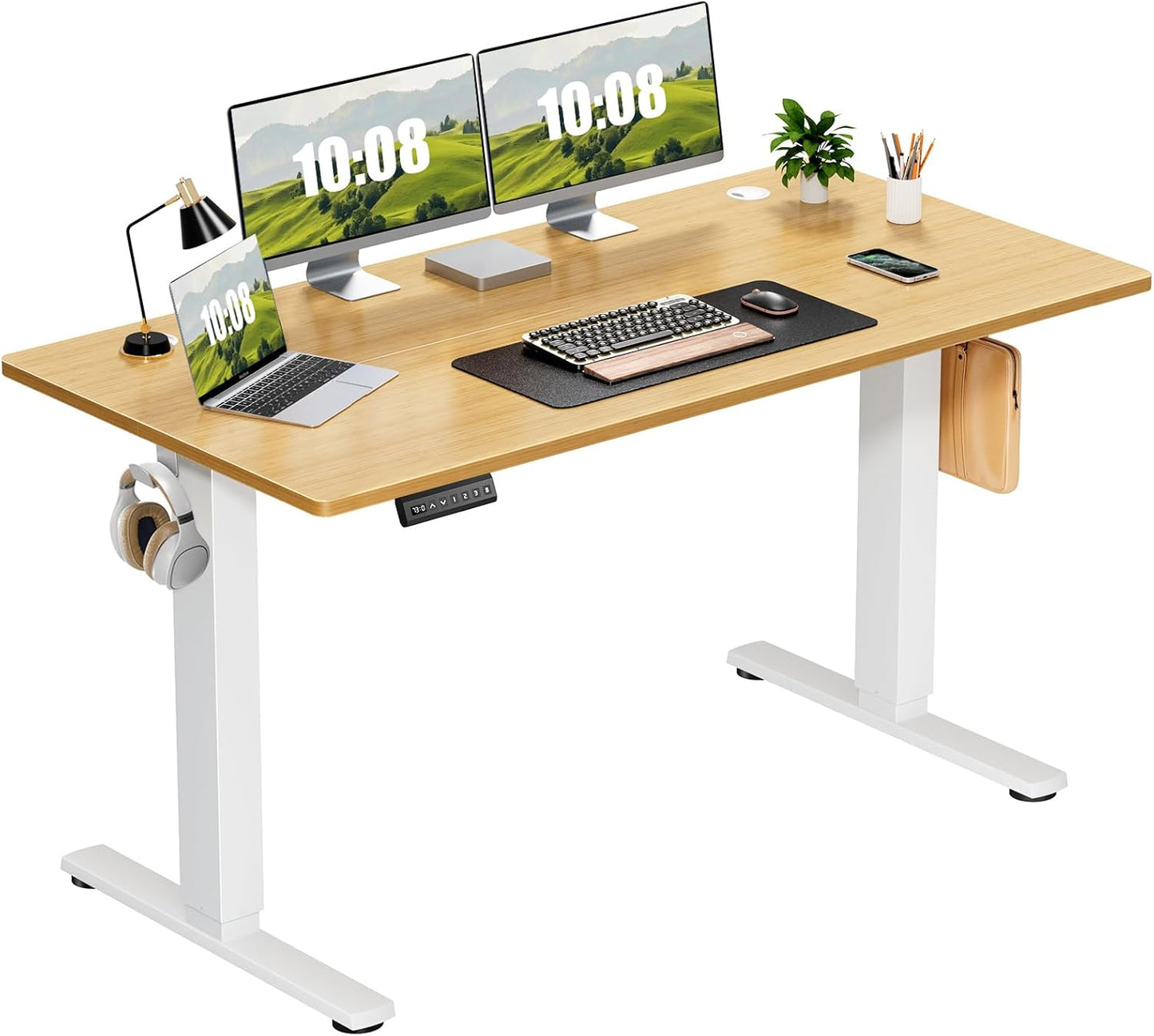 Electric Adjustable Height Standing Desk - 40 x 24 inch Sit to Stand Up Desk with Splice Board, Rising Home Office Computer Table with 2 Hook and Wire Hole for Work