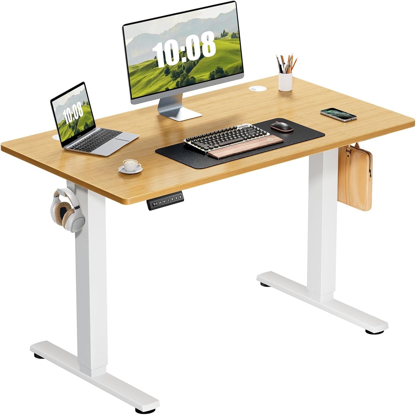 Electric Adjustable Height Standing Desk - 40 x 24 inch Sit to Stand Up Desk with Splice Board, Rising Home Office Computer Table with 2 Hook and Wire Hole for Work