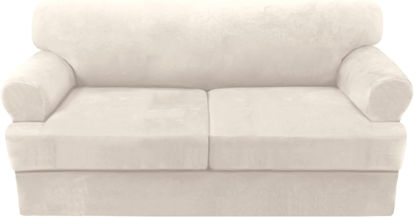 Sofa Cover 2 Piece T Cushion Armchair Slipcovers Thick Velvet Couch Cover Furniture Protector Stretch T Cushion Sofa Covers for 1 Cushion Couch with 1 Individual T Cushion Covers, Ivory