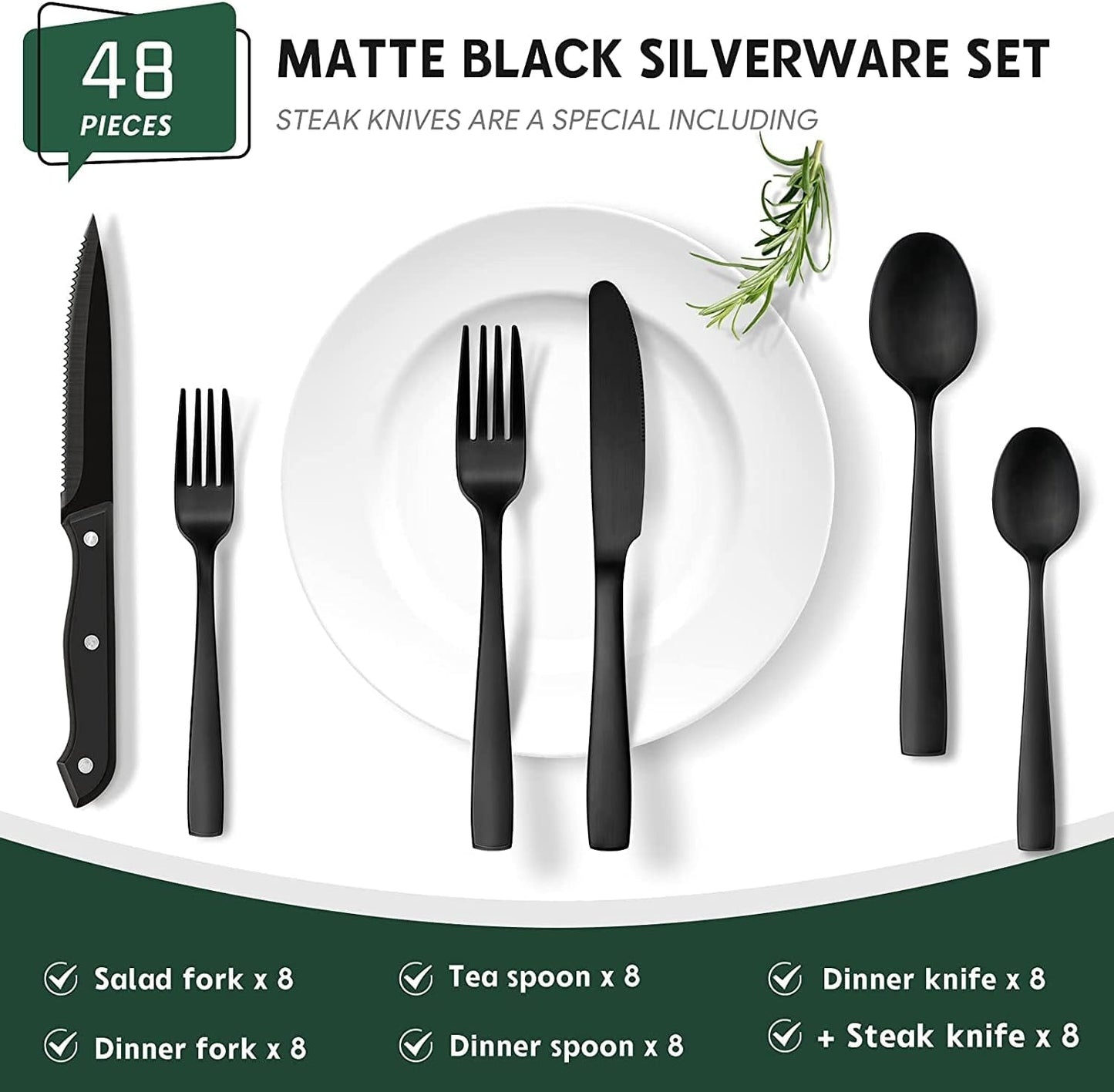 48-Piece Matte Black Silverware Set with Steak Knives, Black Flatware Set for 8, Stainless Steel Tableware Cutlery Set, Utensil Sets for Kitchen