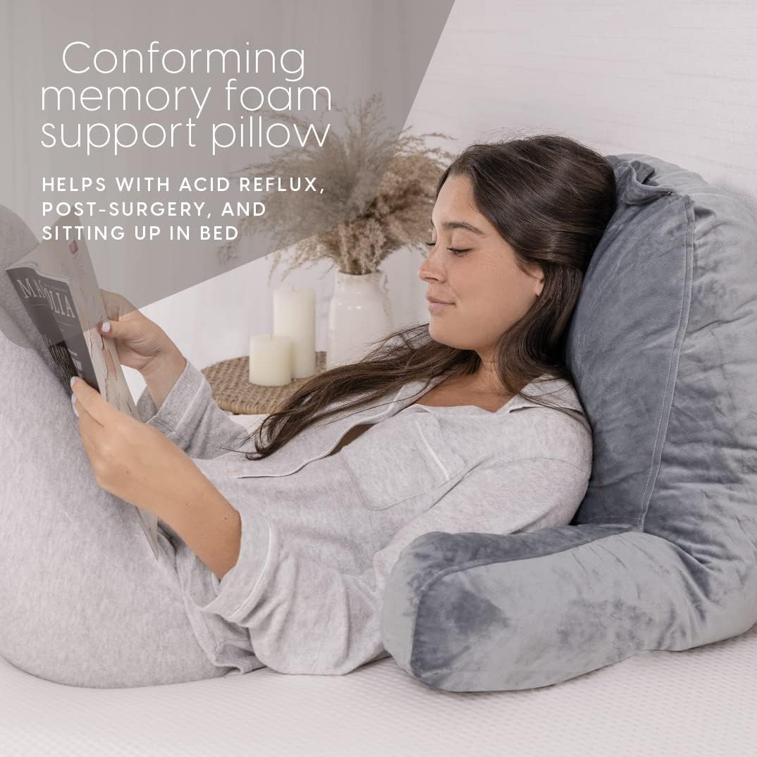 Reading Pillow with Shredded Memory Foam, Large Adult Backrest with Arms, Back Support for Sitting Up in Bed with Washable Cover (Sit up Pillow)