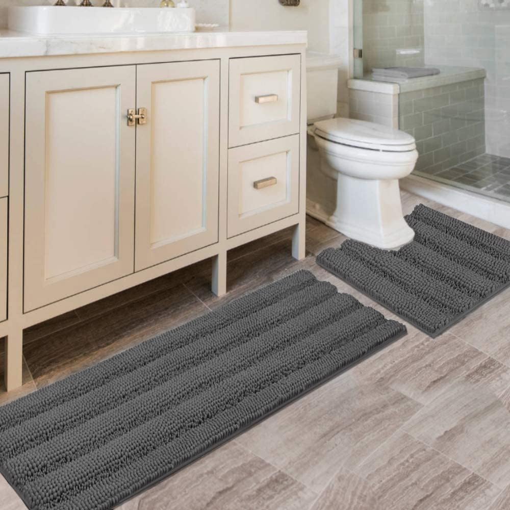 Black Bathroom Rug Set Extra Thick Striped Bath Mats for Bathroom Floor 2 Piece, Anti-Slip Bath Mat Set Soft Plush Chenille Shower Rugs for Bathroom Waterproof (20" x 32"/17" x 24")