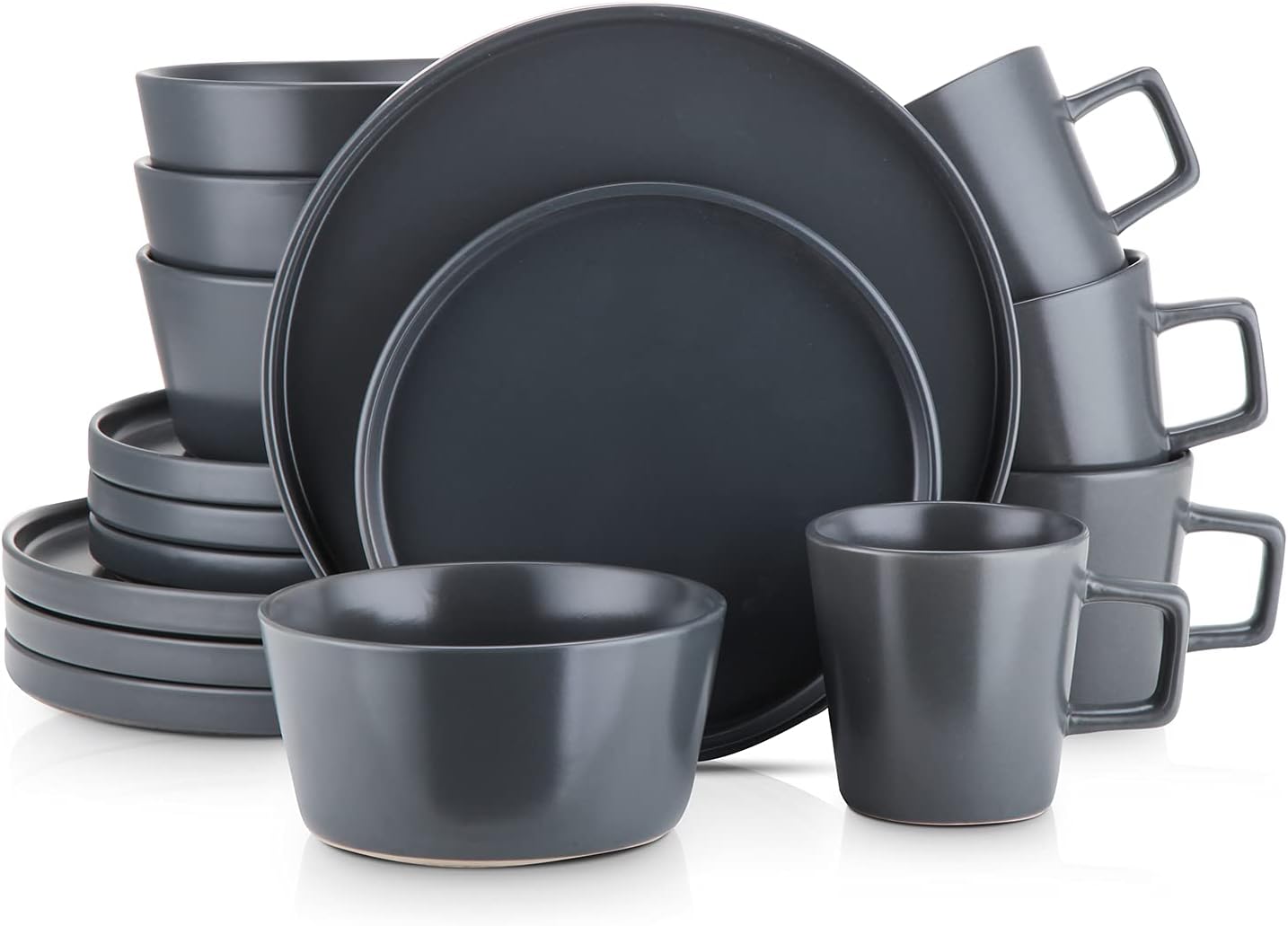 16-Piece Stoneware Dish Set, Service for 4, Black Plates and Bowls Dinnerware Set, Dishwasher and Microwave Safe, Black Matte