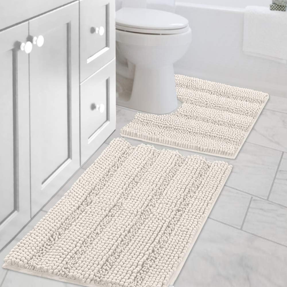 Black Bathroom Rug Set Extra Thick Striped Bath Mats for Bathroom Floor 2 Piece, Anti-Slip Bath Mat Set Soft Plush Chenille Shower Rugs for Bathroom Waterproof (20" x 32"/17" x 24")
