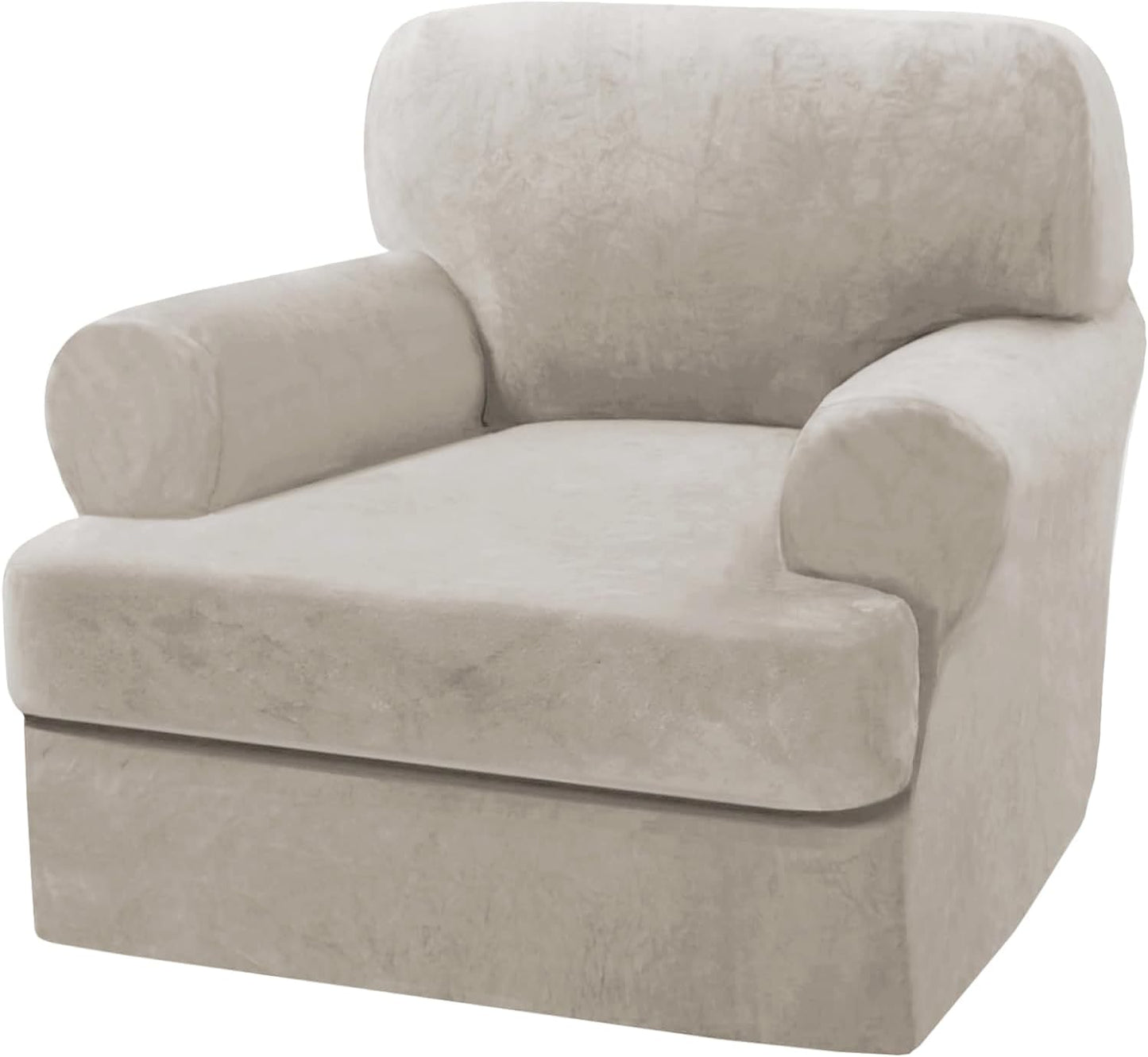 Sofa Cover 2 Piece T Cushion Armchair Slipcovers Thick Velvet Couch Cover Furniture Protector Stretch T Cushion Sofa Covers for 1 Cushion Couch with 1 Individual T Cushion Covers, Ivory