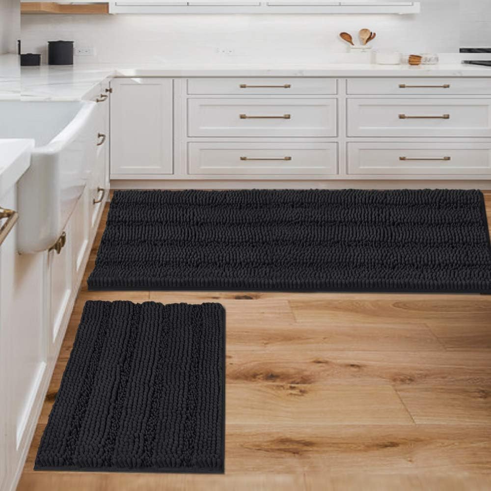 Black Bathroom Rug Set Extra Thick Striped Bath Mats for Bathroom Floor 2 Piece, Anti-Slip Bath Mat Set Soft Plush Chenille Shower Rugs for Bathroom Waterproof (20" x 32"/17" x 24")