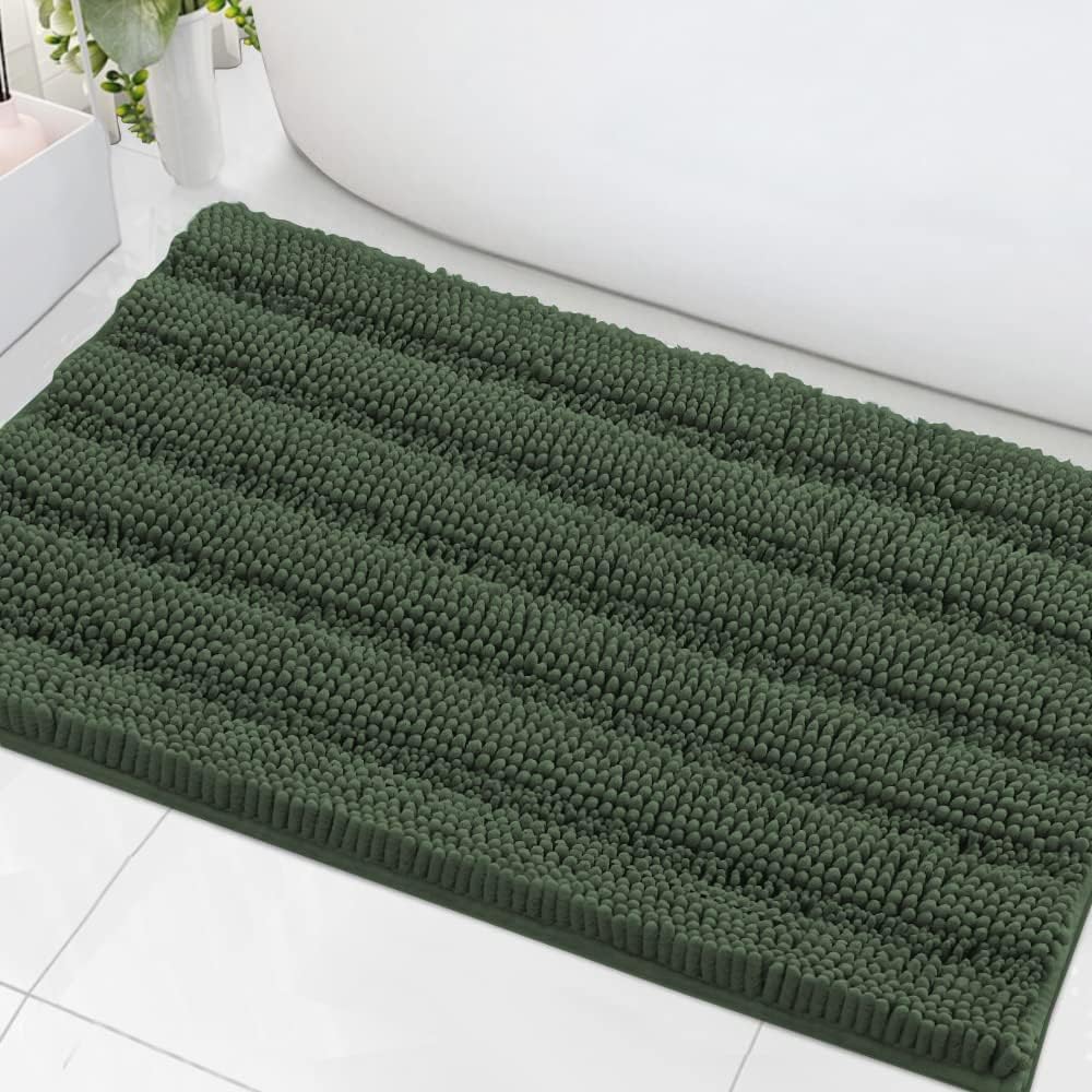 Black Bathroom Rug Set Extra Thick Striped Bath Mats for Bathroom Floor 2 Piece, Anti-Slip Bath Mat Set Soft Plush Chenille Shower Rugs for Bathroom Waterproof (20" x 32"/17" x 24")