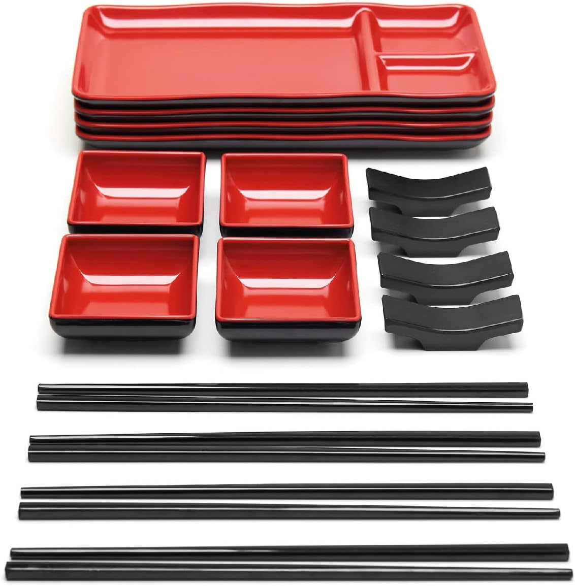 16 Pc. Japanese Sushi Plate Set with Plates, Soy Sauce Bowls, Chopsticks and Holders, Melamine Tableware Serving Dishes for Modern Dining, Classic 4 Person Dinnerware