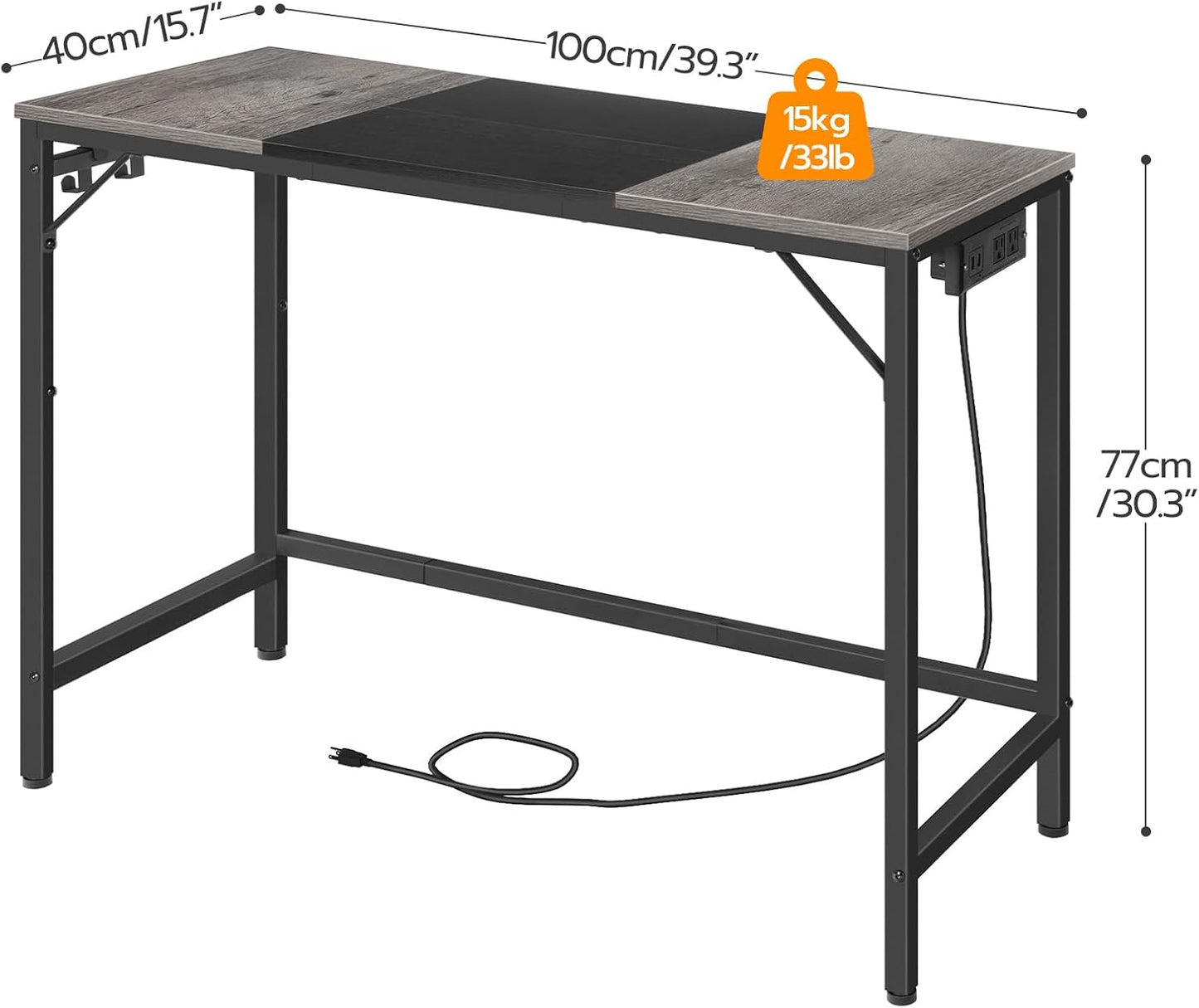 Computer Desk, Home Office Desk with Power Outlet, Modern Study Writing Desk with 3 Hooks for Study Room, Home Office, Sturdy and Stable, Easy to Assemble, Charcoal Gray and Black BC41UDN01