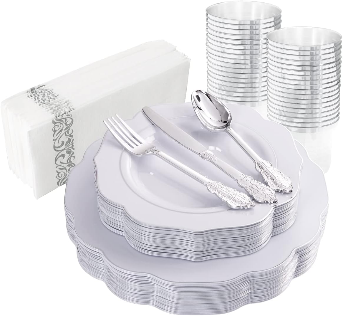 175PCS Pink Plastic Plates - Pink Plates with Gold Disposable Silverware - Include 50 Plates,25 Knives,25 Forks,25 Spoons,25 Cups and 25 Napkins - Ideal for Wedding & Party