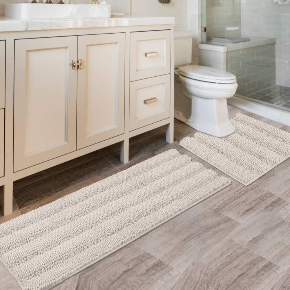 Black Bathroom Rug Set Extra Thick Striped Bath Mats for Bathroom Floor 2 Piece, Anti-Slip Bath Mat Set Soft Plush Chenille Shower Rugs for Bathroom Waterproof (20" x 32"/17" x 24")