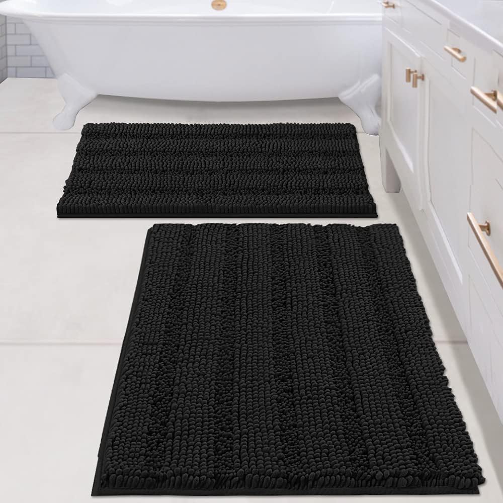 Black Bathroom Rug Set Extra Thick Striped Bath Mats for Bathroom Floor 2 Piece, Anti-Slip Bath Mat Set Soft Plush Chenille Shower Rugs for Bathroom Waterproof (20" x 32"/17" x 24")