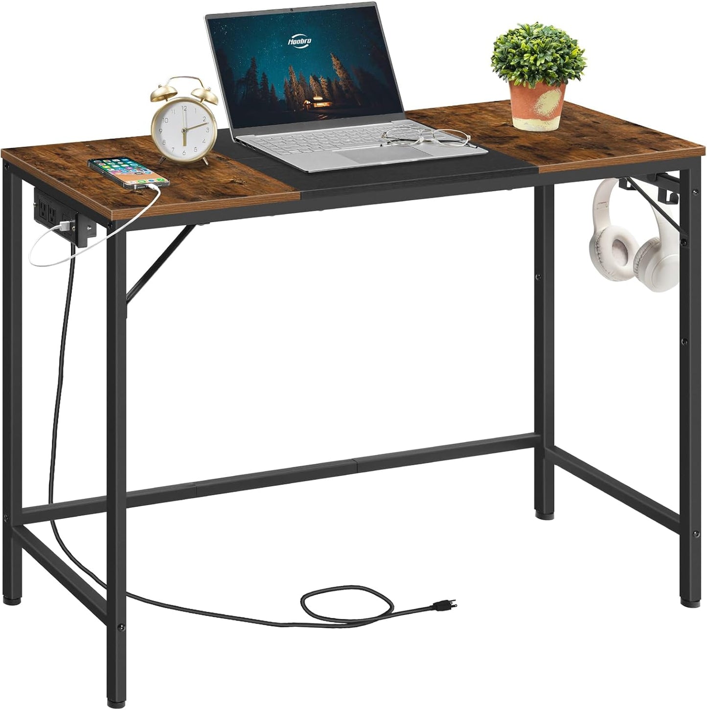 Computer Desk, Home Office Desk with Power Outlet, Modern Study Writing Desk with 3 Hooks for Study Room, Home Office, Sturdy and Stable, Easy to Assemble, Charcoal Gray and Black BC41UDN01
