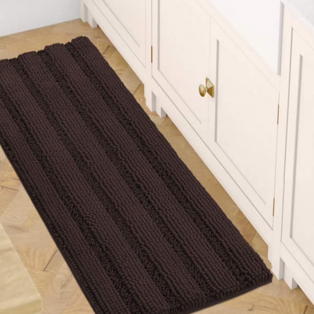 Black Bathroom Rug Set Extra Thick Striped Bath Mats for Bathroom Floor 2 Piece, Anti-Slip Bath Mat Set Soft Plush Chenille Shower Rugs for Bathroom Waterproof (20" x 32"/17" x 24")