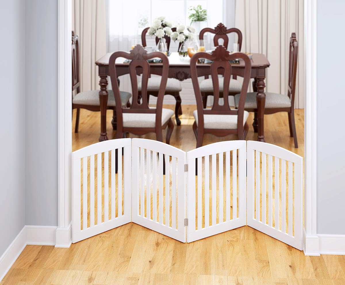 Wooden Freestanding Foldable Pet Gate for Dogs, 24 inch 4 Panels Step Over Fence, Dog Gate for The House, Doorway, Stairs, Extra Wide (White, 24" Height-4 Panels)