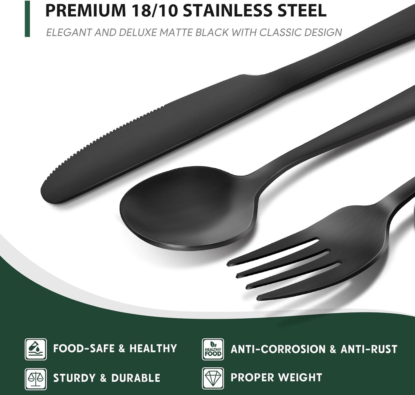 48-Piece Matte Black Silverware Set with Steak Knives, Black Flatware Set for 8, Stainless Steel Tableware Cutlery Set, Utensil Sets for Kitchen