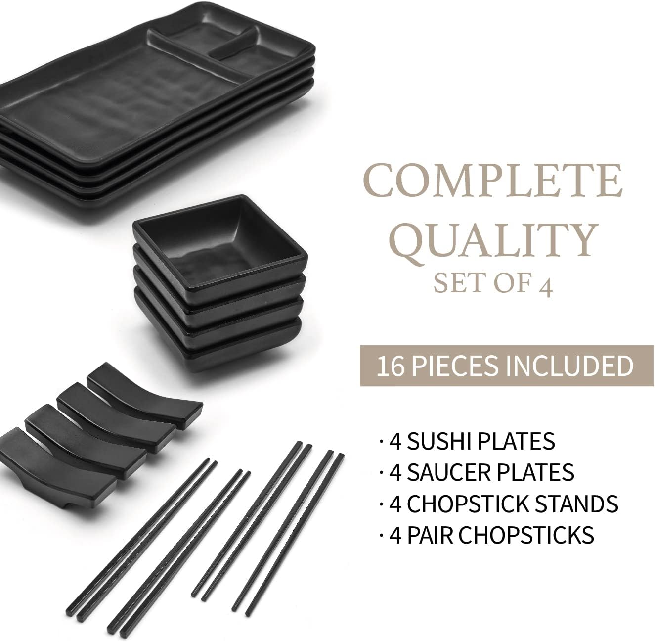 16 Pc. Japanese Sushi Plate Set with Plates, Soy Sauce Bowls, Chopsticks and Holders, Melamine Tableware Serving Dishes for Modern Dining, Classic 4 Person Dinnerware
