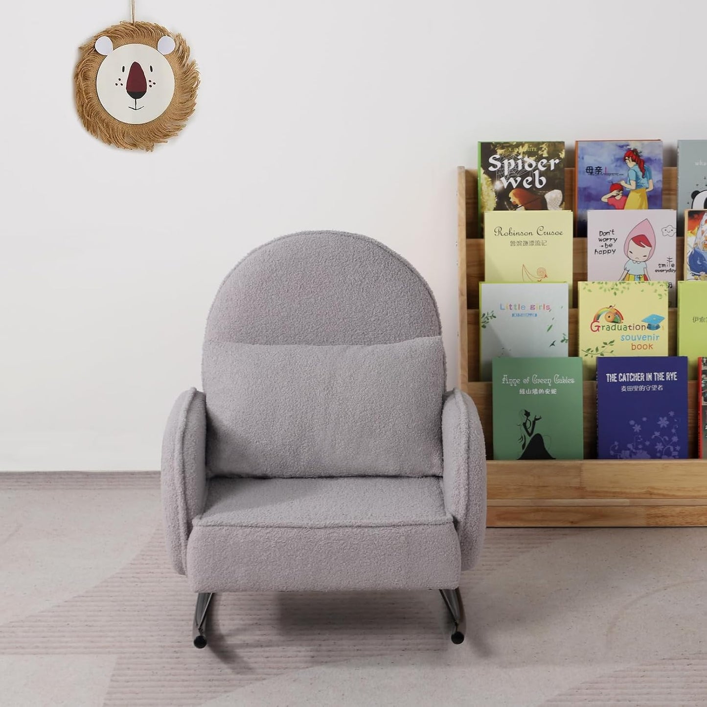 Single Kid Rocking Sofa with Sherpa Fabric, Kid Armchair with Shaky Metal Foot,Individual Pillow Toddler Sofa Chair for Kid Sitting (Grey)