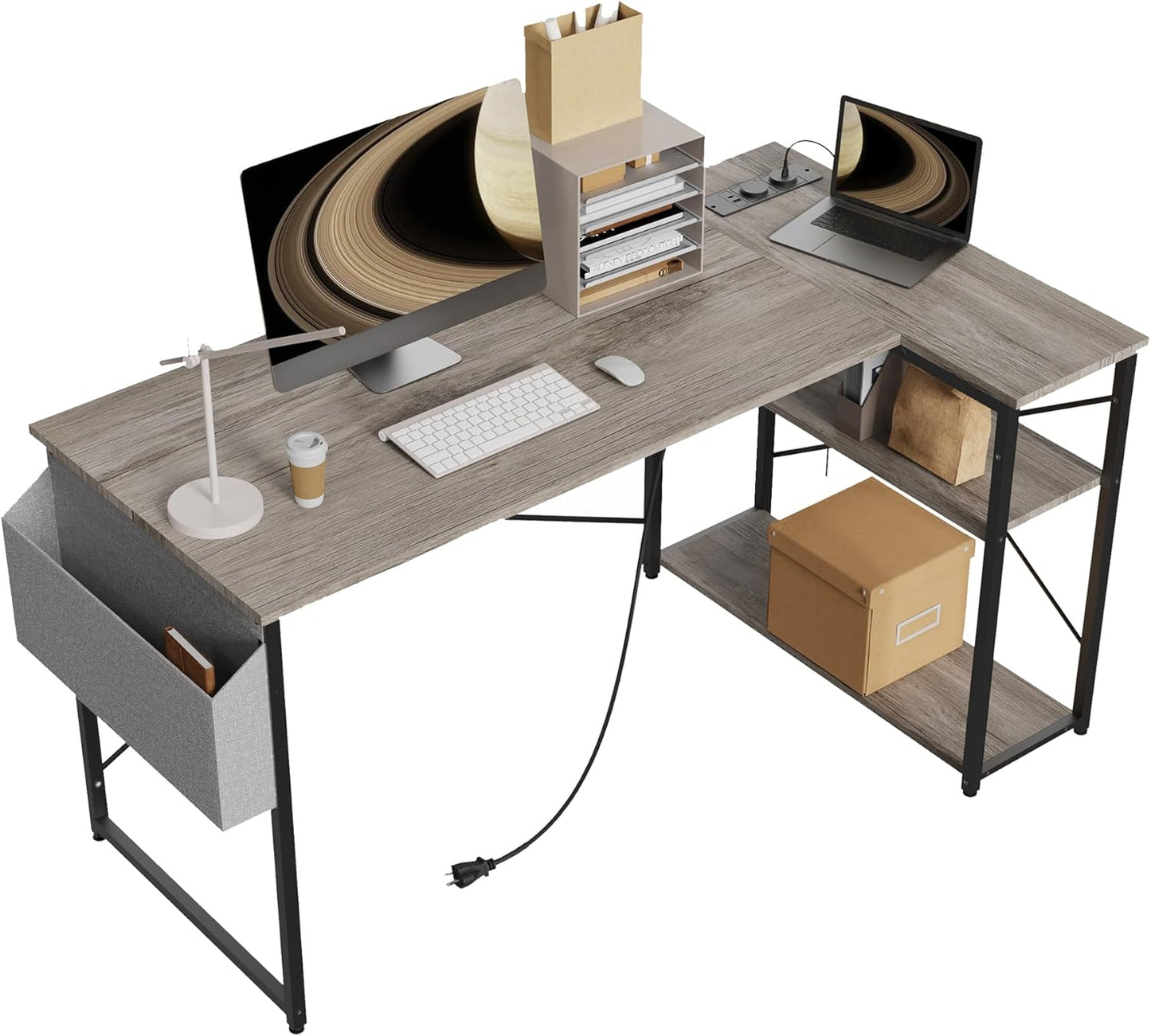 Small Computer Desk with Power Outlets, 40 Inch L Shaped Desk with Reversible Shelves, Gaming Desk Corner Desk Study Writing Table for Home Office Bedroom Living Room, Black