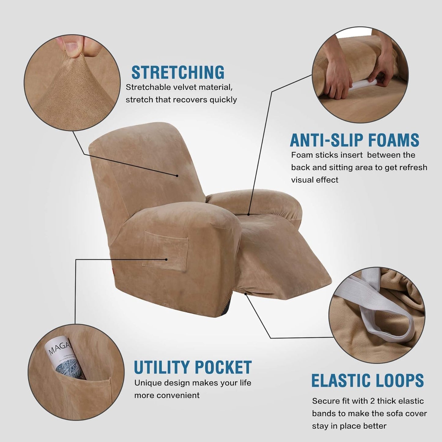 Stretch Recliner Covers 1-Piece Lazy Boy Recliner Chair Covers with Pocket Nonslip Recliner Slip Cover Stay in Place with Elastic Bottom Feature Velvet Plush Fabric(Recliner, Camel)