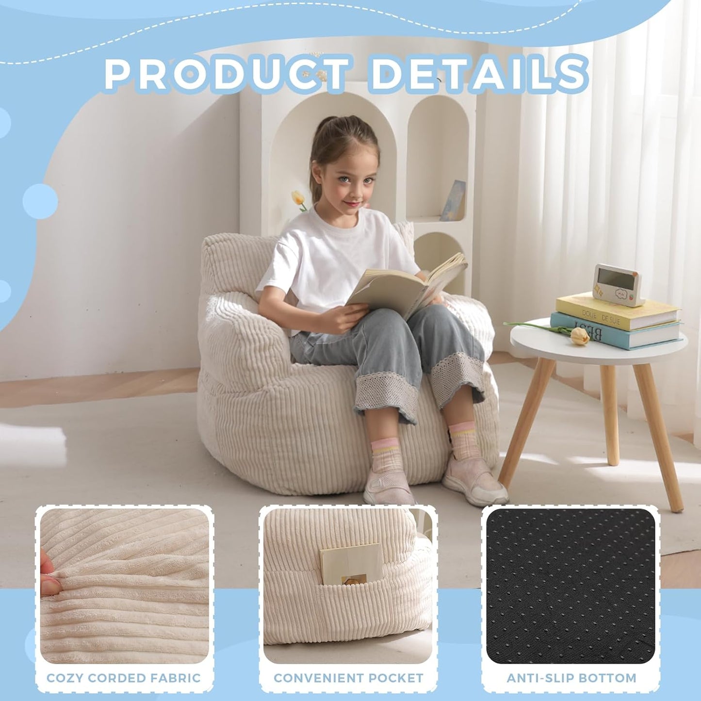 Kids Bean Bag Chair, Stuffed Toddler Bean Bag Sofa with Filler Bean Bag Chair for Boys and Girls, Lazy Sofa with Pocket Floor Chair for Gaming, Reading, Beige