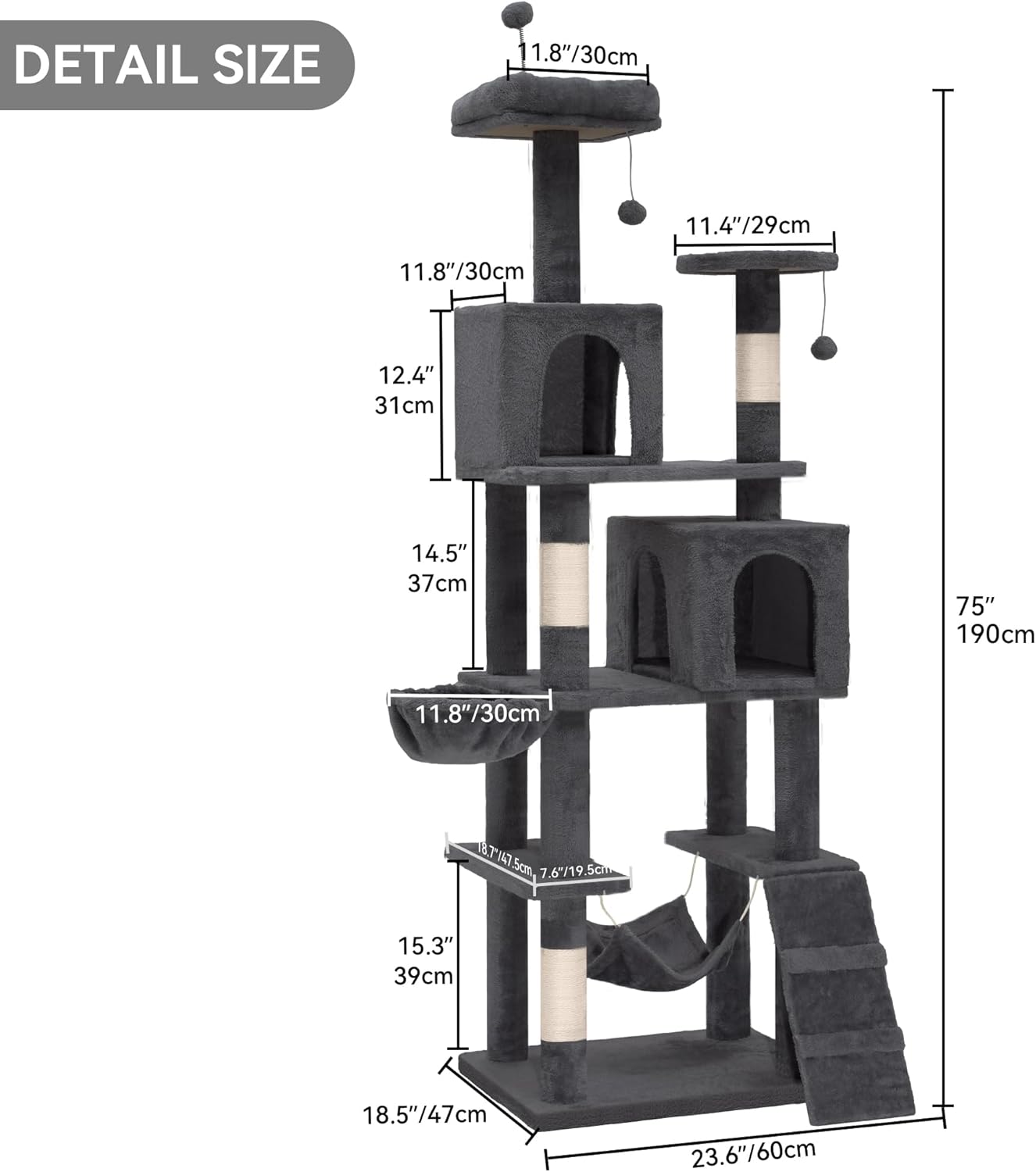 75-inch Indoor Cat Tree Tower, Multi-Level Pet Playground, Cat Furniture with Scratch Posts, Hideaway Condos, Soft Perch, Snug Hammock, Climbing Ladder, and Plush Balls for Kittens (Dark Gray)