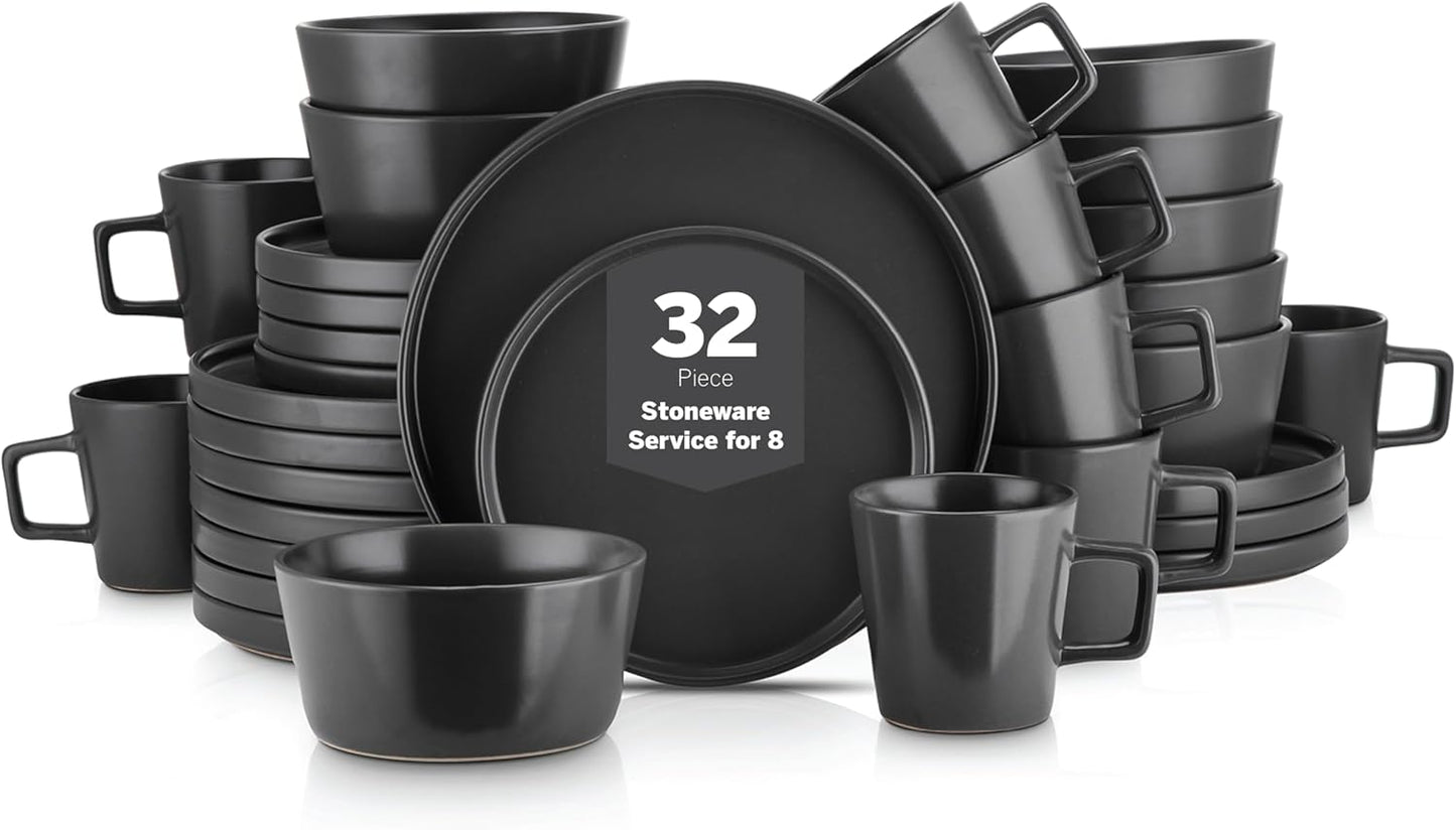 16-Piece Stoneware Dish Set, Service for 4, Black Plates and Bowls Dinnerware Set, Dishwasher and Microwave Safe, Black Matte