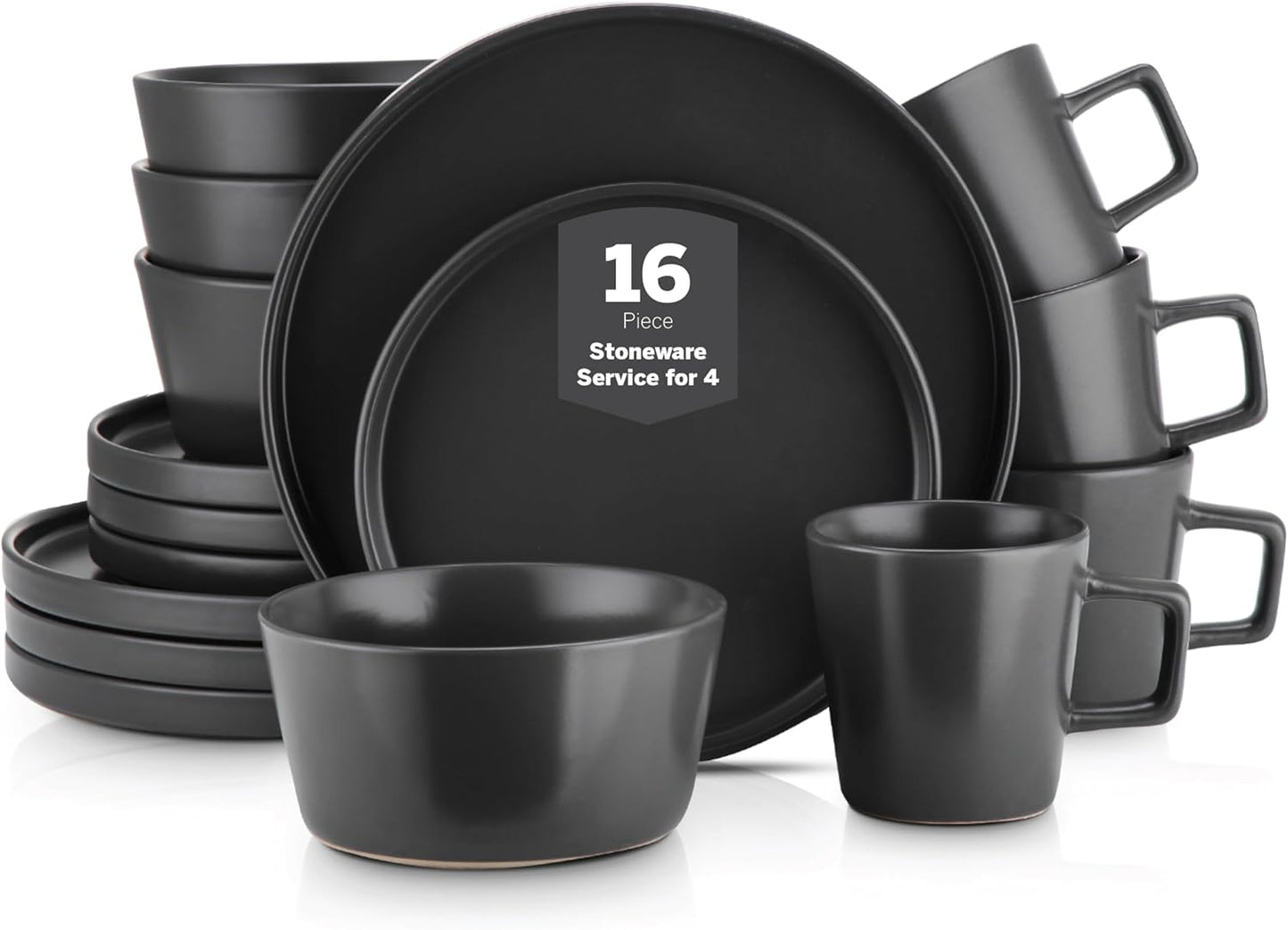 16-Piece Stoneware Dish Set, Service for 4, Black Plates and Bowls Dinnerware Set, Dishwasher and Microwave Safe, Black Matte