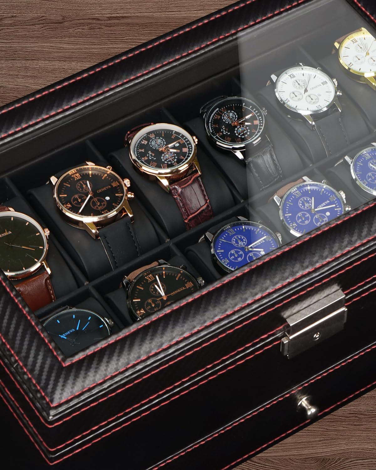 12 Slot Watch Case,2 Layers Watch Box Organizer with Large Glass Lid, Lockable Leather Watch Holder Display Case Storage with Jewelry Organizer Holder Drawer, Ideal Gift for Men Women, Black