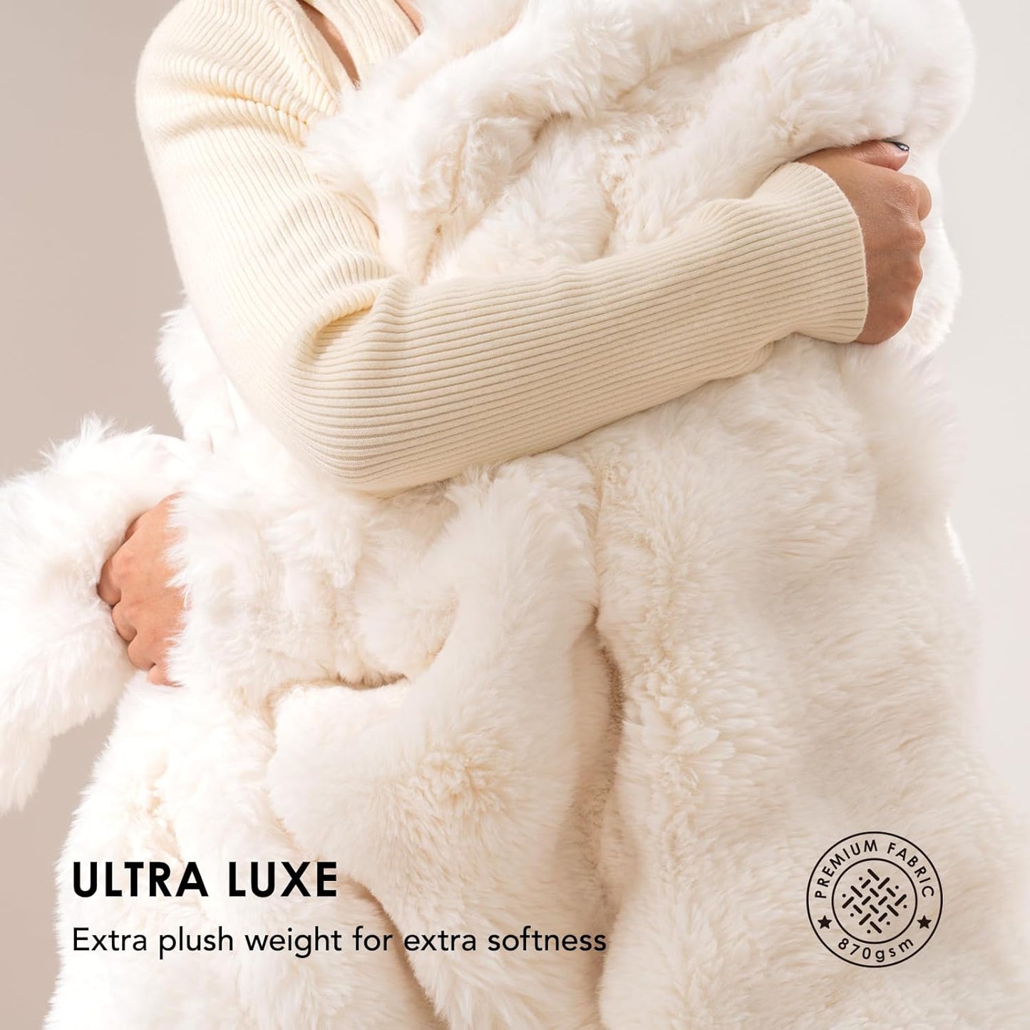 Ultra Soft Luxury Fluffy Ridgeline Faux Rabbit Fur Throw Blanket, Thick Warm Bubble Throw for Bed, Cozy Plush Reversible Blankets for Couch, Chair, Sofa, Ivory White, 60x80 Inches, 870 GSM