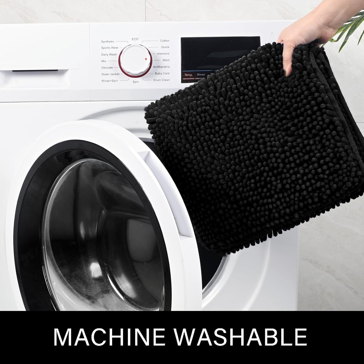 Luxury Bathroom Rug Shaggy Bath Mat 24 x 60 Inch, Washable Non Slip Bath Rugs for Bathroom Shower, Soft Plush Chenille Absorbent Carpets Mats, Black