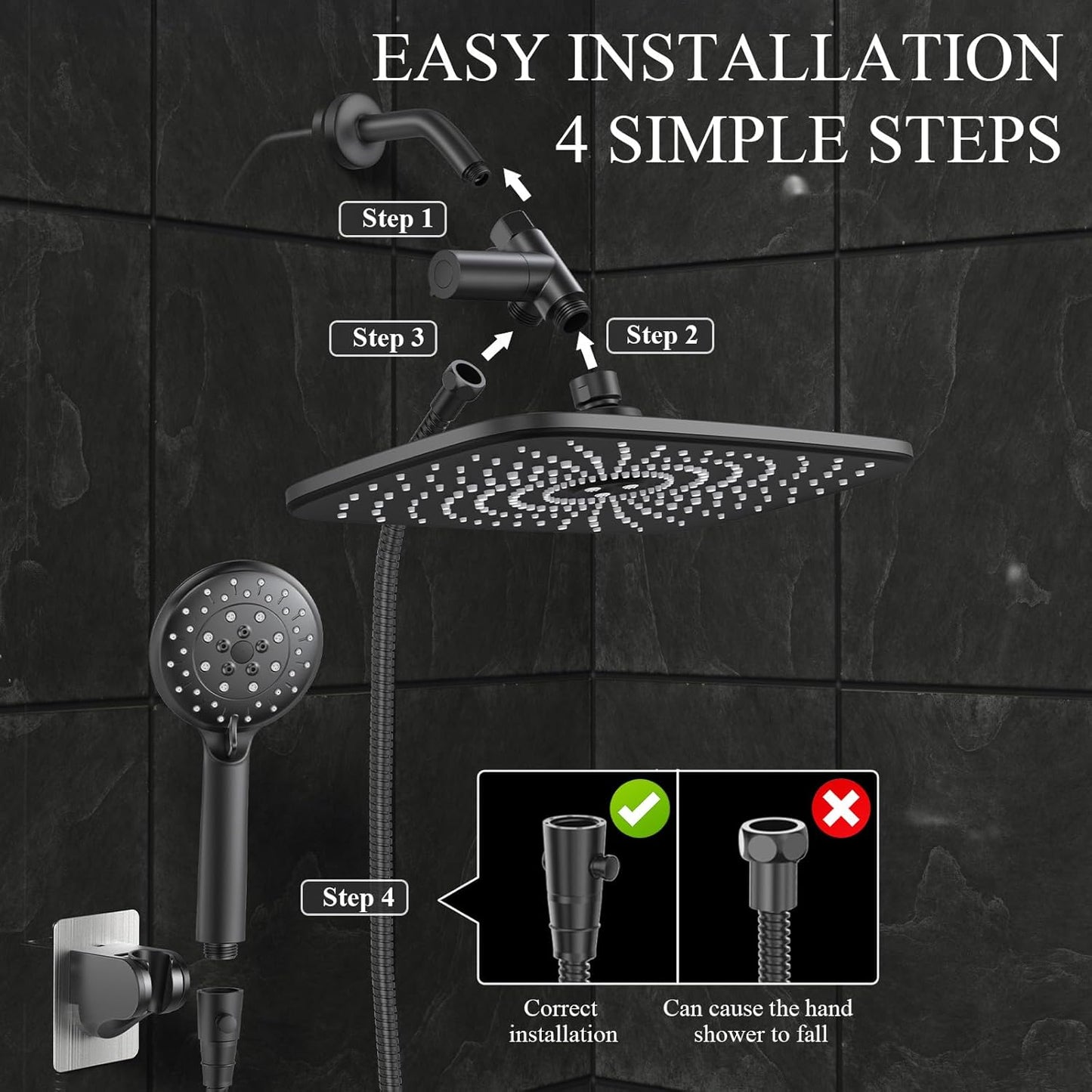 11.8 Inch High Pressure Rain Shower Head -Shower Heads with 5 Modes Handheld Spray Combo- Wide RainFall shower with 70" Hose - Adjustable Dual Showerhead with Anti-Clog Nozzles- Matte Black