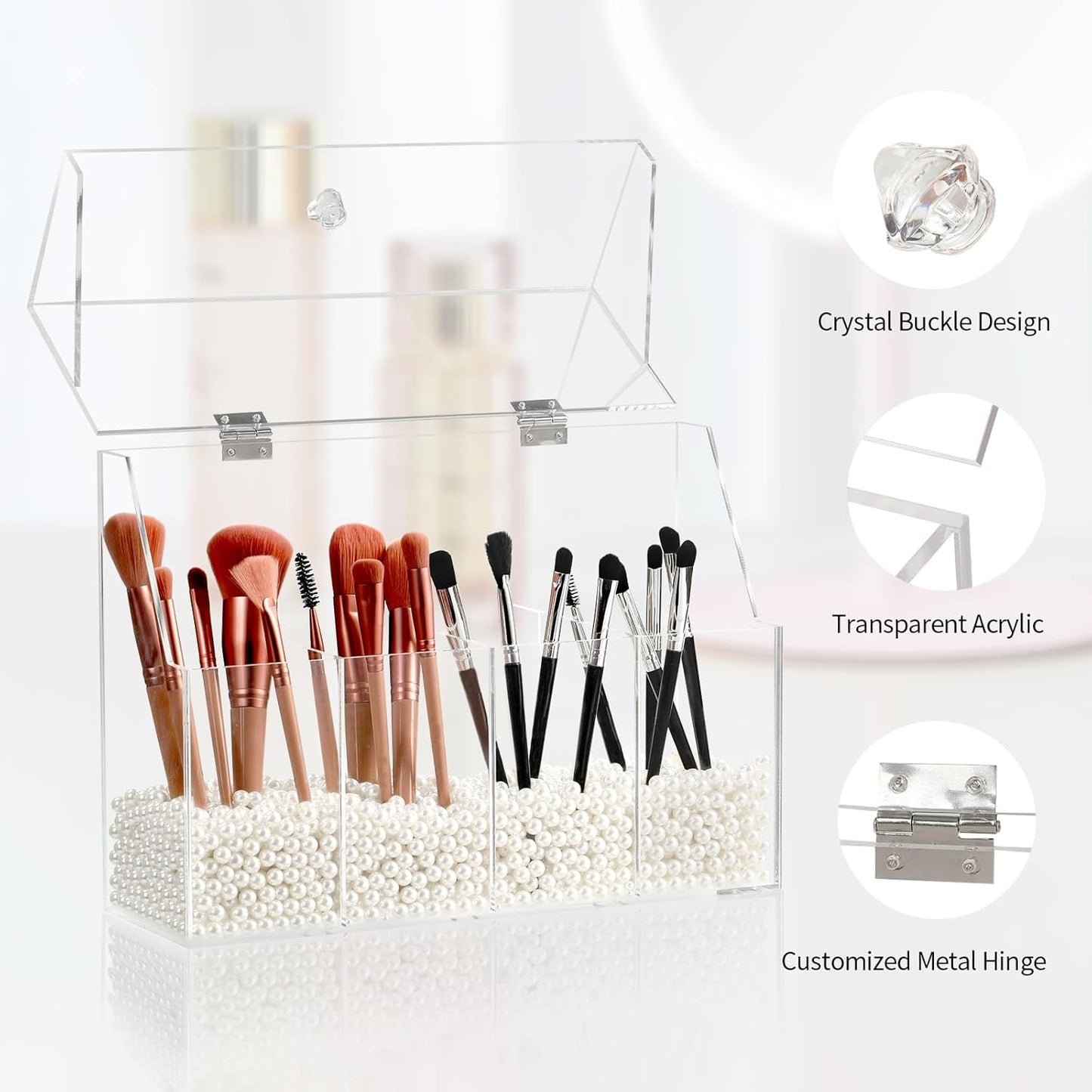 Acrylic Makeup Organizer, Clear Cosmetic Brush Storage Box With 4 Brush Holders,Makeup Brush Holder with Dust Cover, Large-capacity Split Design Can Quickly Organize the Desktop(No pearls)