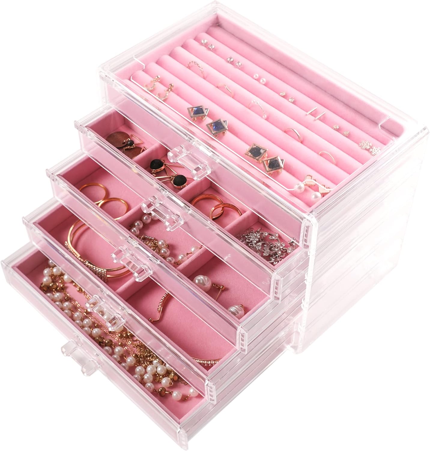 Extra Large Acrylic Jewelry Box for Women 5 Layers Clear Jewelry Organizer Velvet Earring Box with 5 Drawers Rings Display Case Necklaces Holder Tray for Women Girls (White)