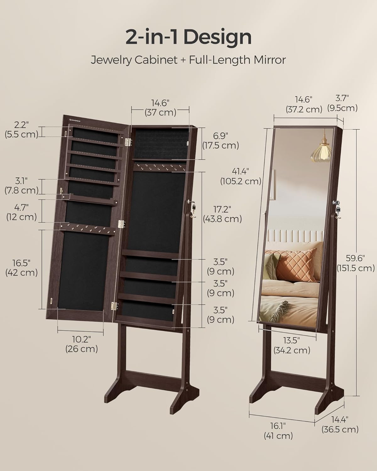 Mirror Jewelry Cabinet Armoire, Standing Full-Length Mirror, Lockable Jewelry Organizer, Gift Idea, Brown Surface and Black Lining