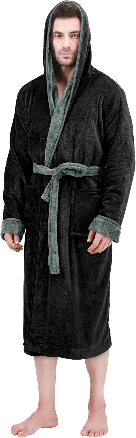 Men's Hooded Fleece Bathrobe Plush Long Spa Robe