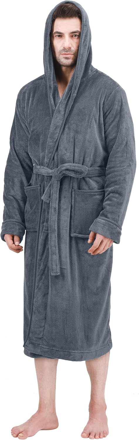 Men's Hooded Fleece Bathrobe Plush Long Spa Robe