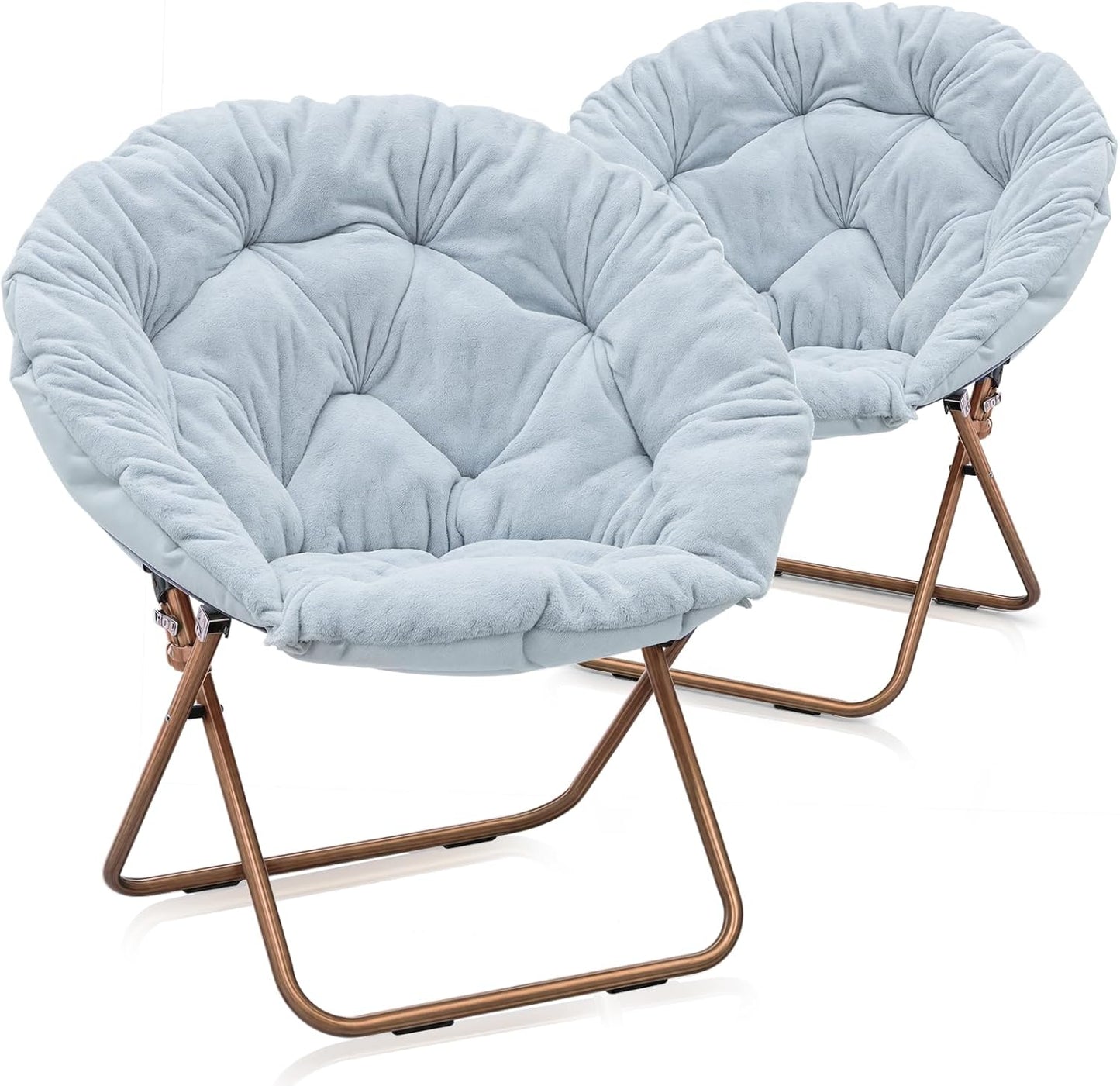 Round Folding Faux Fur Saucer Chair for Bedroom Living Room Dorm Foldable Metal Frame Oversized Large Comfy Furry Padded Soft Lounge Lazy Cozy Moon Chair for Adults (Beige, 2 Pieces)