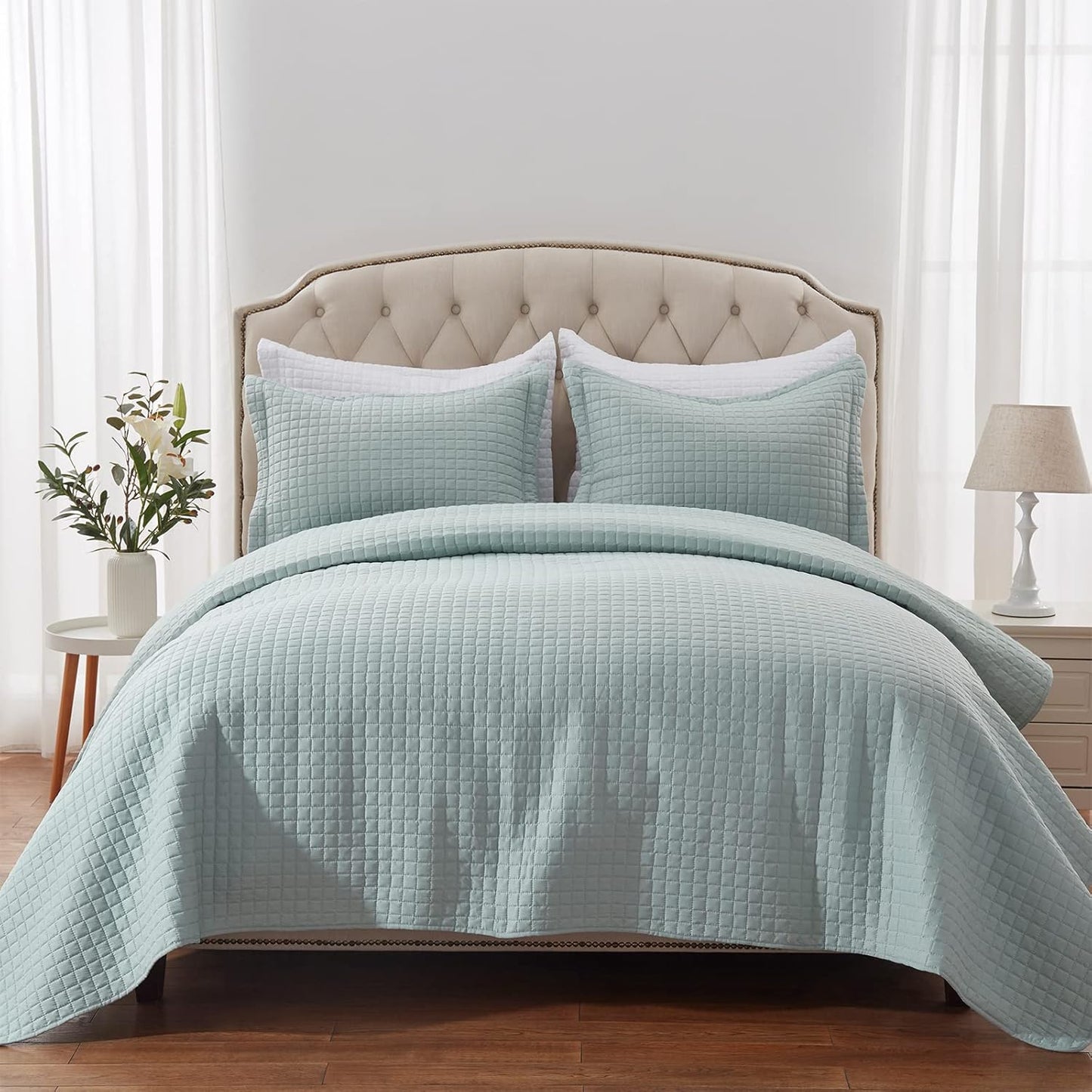 Quilt Set King Olive Green Lightweight Bedspread Soft Reversible Coverlet for All Season 3pcs Army Green Diamond Quilted Bedding Sets (1 Quilt 2 Pillow Shams)(106"x96")