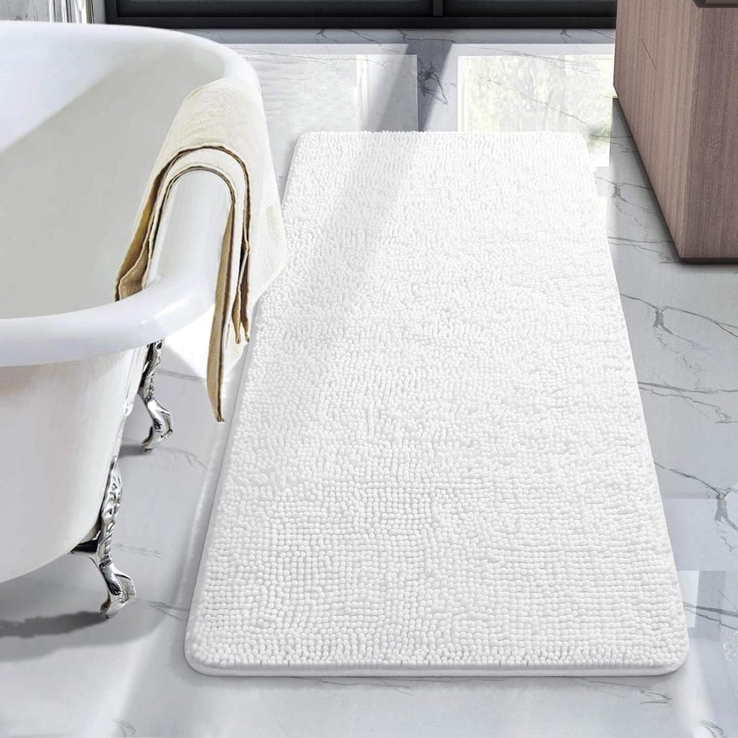 Luxury Bathroom Rug Shaggy Bath Mat 24 x 60 Inch, Washable Non Slip Bath Rugs for Bathroom Shower, Soft Plush Chenille Absorbent Carpets Mats, Black