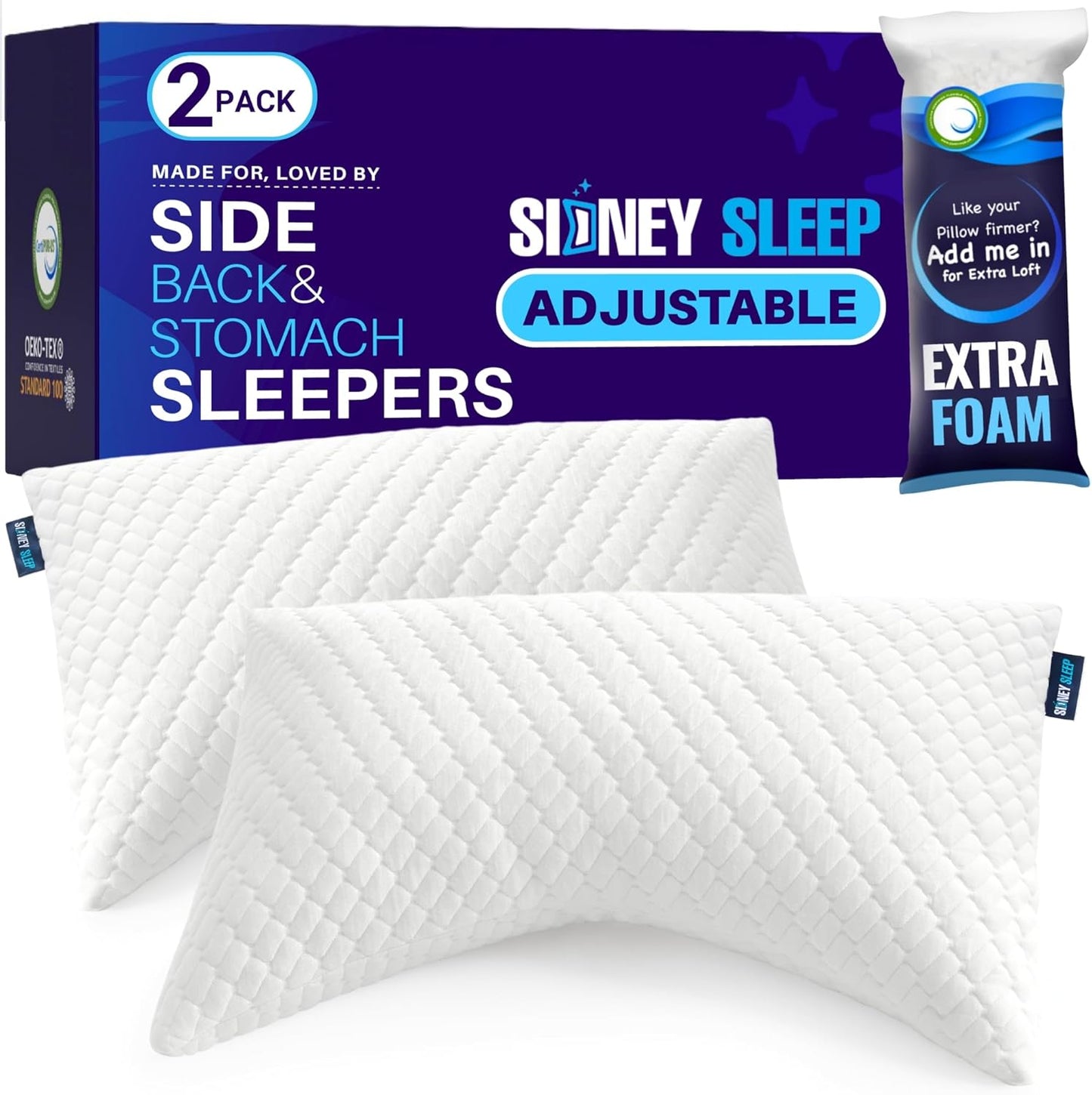 Pillow for Side and Back Sleepers - Comfort for Neck and Shoulder Pain - Adjustable and Customizable Shredded Memory Foam Filling - Queen Size - Additional Foam Fill Included (White)