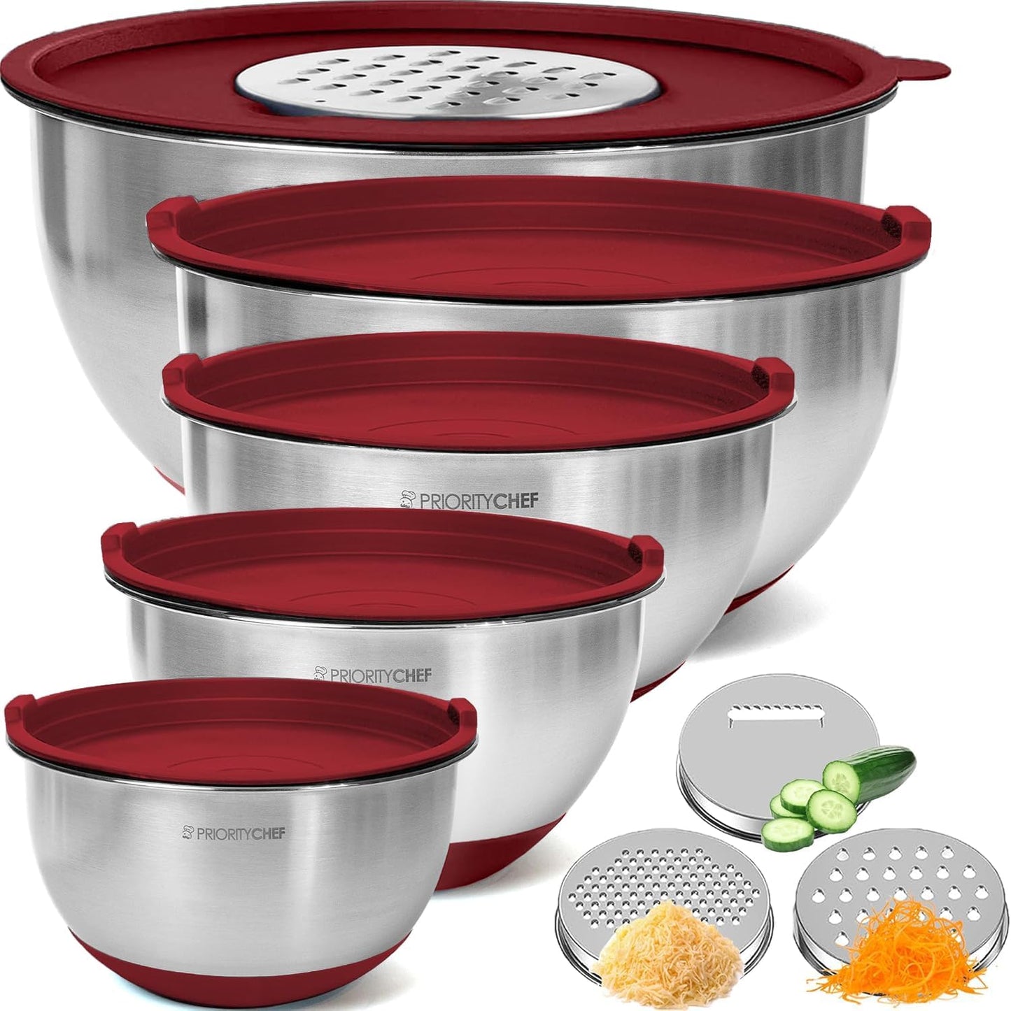 Stainless Steel Mixing Bowls with Lids Set, 3 Grater Attachments, Airtight Lids, Non-Slip Silicone Base Mixing Bowl Set, Large Prep Metal Mixing Bowls for Kitchen, Black